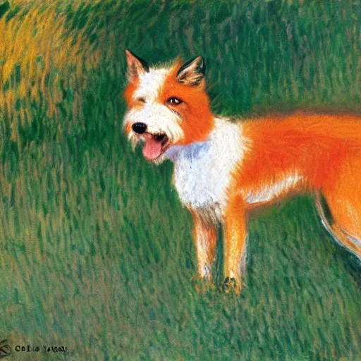 Prompt: an oil painting of a wire - haired fox terrier barking all the time at golden hour painted by monet masterpiece 8 k