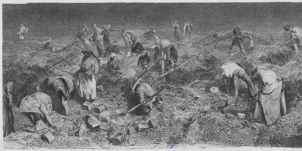 Prompt: Townsfolk digging up a grave at night, torches, 1880's, high angle