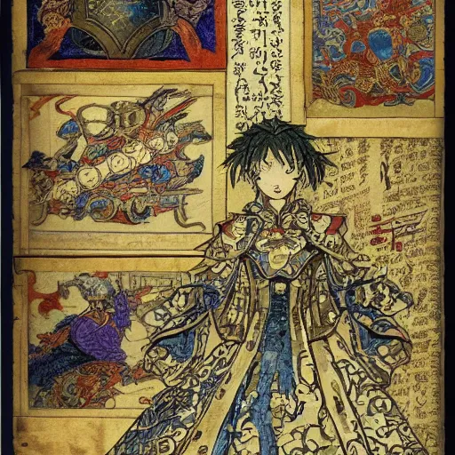 Image similar to ornamented, doom medieval parchment, warm by masamune shirow. a variety of shapes & textures. the computer art is full of movement & energy, & the viewer can find new details with each look.