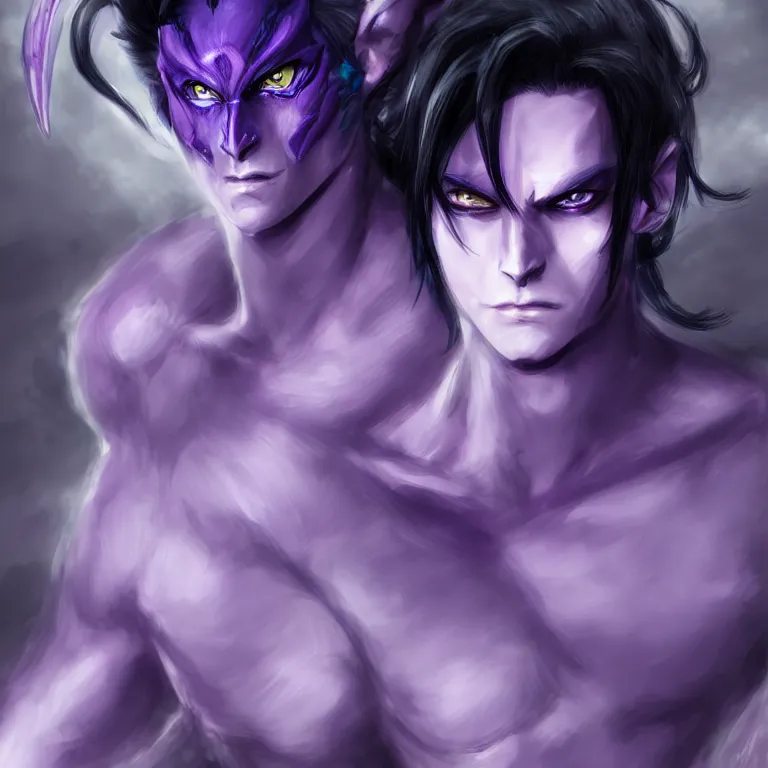 Prompt: Handsome purple and Teal skinned Tiefling, striking azure eyes, black hair, Yoshitaka Amano, digital art