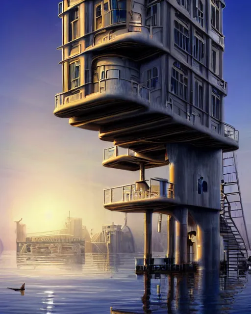 Image similar to a beautiful ultradetailed highly detailed city industrial architecture unfinished building houseboat by georgia o'keeffe, morning sun futuristic otherworldly sea dieselpunk, archdaily, wallpaper, highly detailed, trending on artstation.