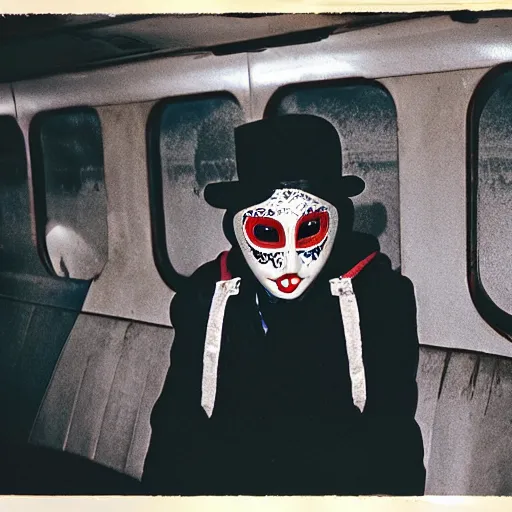 Image similar to fujifilm superia photo of puppet with scary venetian mask, in the empty london underground, dirty, grainy, liminal