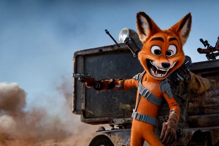 Image similar to nick wilde, heavily armed and armored facing down armageddon in a dark and gritty reboot from the makers of mad max : fury road