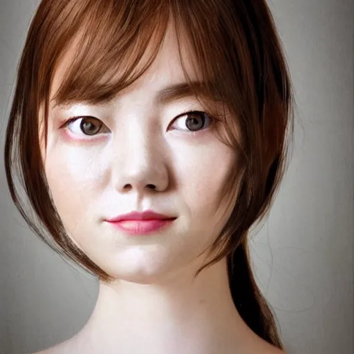 Image similar to a masterpiece portrait photo of a beautiful young woman who looks like a korean emma stone, symmetrical face