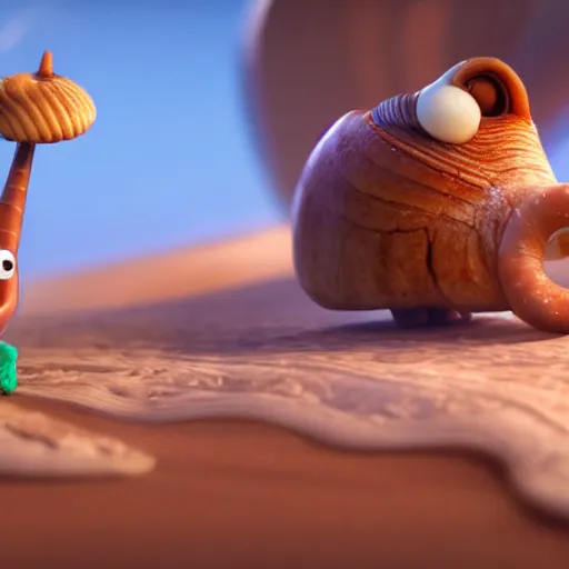 Prompt: cute cartoon snail with a cinnamon roll shell, still from pixar movie, disney 3 d, 8 k, octane render