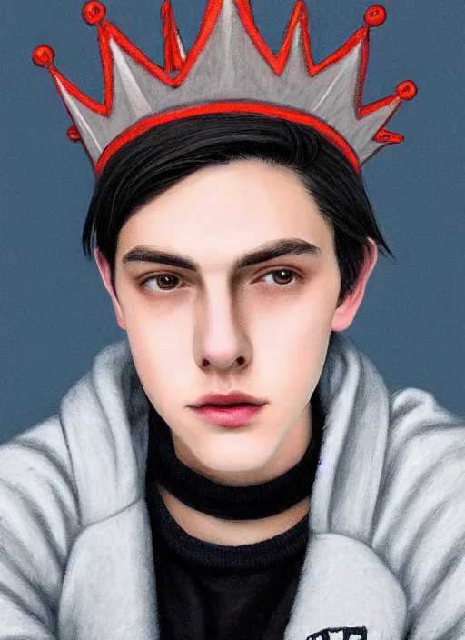 Image similar to portrait of teenage jughead jones wearing a light grey crown, photorealistic, crown, eyes closed, crown, black hair, sweater with letter s on it, letter s, intricate, elegant, glowing lights, highly detailed, digital painting, artstation, concept art, smooth, sharp focus, illustration, art by wlop, mars ravelo and greg rutkowski