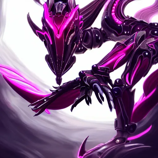 Image similar to highly detailed realistic exquisite fanart, of a beautiful female warframe, but as an anthropomorphic elegant robot female dragon, glowing eyes, shiny and smooth off-white plated armor, bright Fuchsia skin beneath the armor, sharp claws, well designed robot dragon dragon hands, and sharp elegant robot dragon feet, royal elegant pose, full body and head shot, epic cinematic shot, professional digital art, high end digital art, sci fi, DeviantArt, artstation, Furaffinity, 8k HD render, epic lighting, depth of field