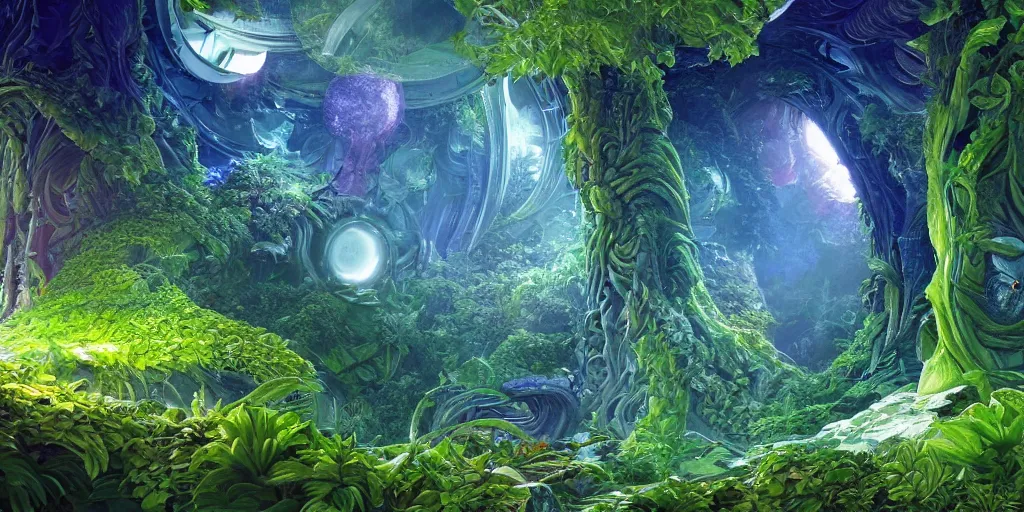 Image similar to alien cinematic geometric lush mirror art, integrated plants landscape geometry 8 k sharp focus sacred by moebius, andreas franke, james christensen, victo nagi, artgerm