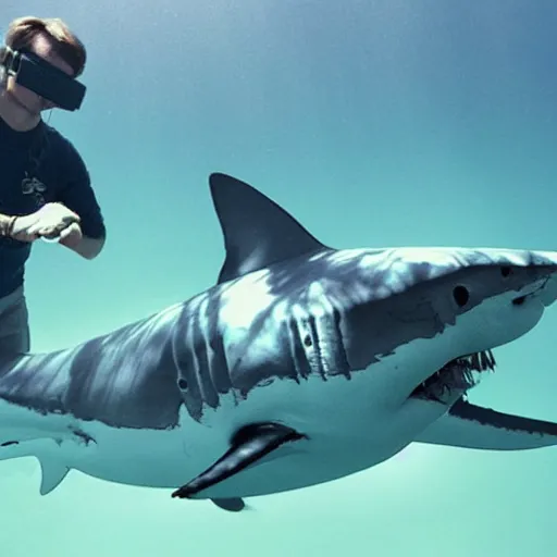 Image similar to a great white shark wearing vr goggles