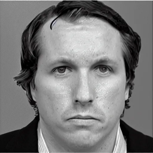 Prompt: black and white, mugshot, tucker carlson, crying like a baby