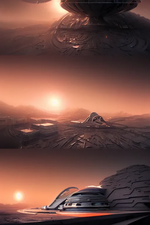 Prompt: futuristic space station in the snowy mountains 3 d concept art, cinematic lighting, mad max, intricate details, building by zaha hadid, pastel orange sunset, emissary space by arthur haas and bruce pennington and john schoenherr, cinematic matte painting, dark moody monochrome colors, trending on artstation, featured on behance