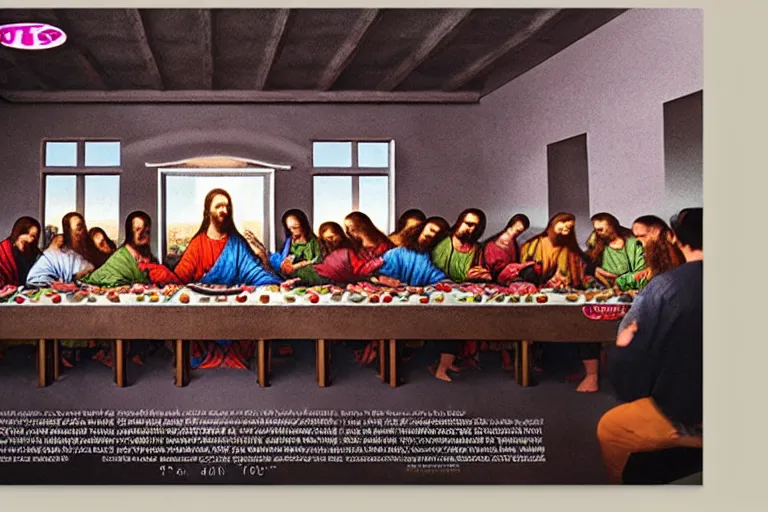 Prompt: tasteless magazine ad of the last supper in a taco bell