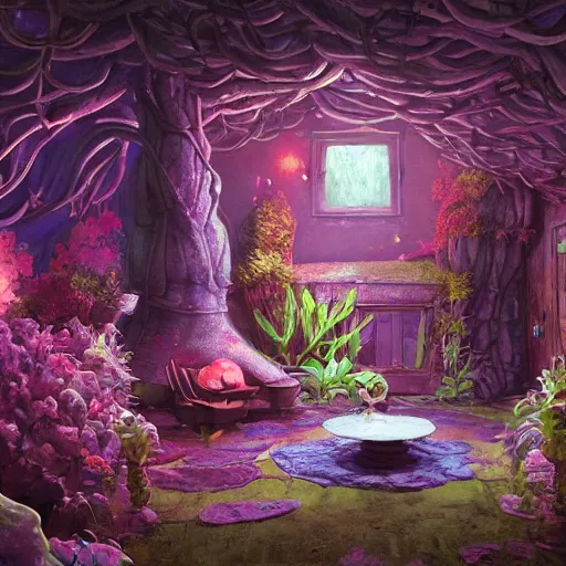Prompt: concept art painting of a interior of a cozy alien fantasy cottage made of mushrooms and fungus, with black vines and magenta houseplants, blue and magenta light, realistic, detailed, cel shaded, dark, in the style of makoto shinkai and greg rutkowski and james gurney