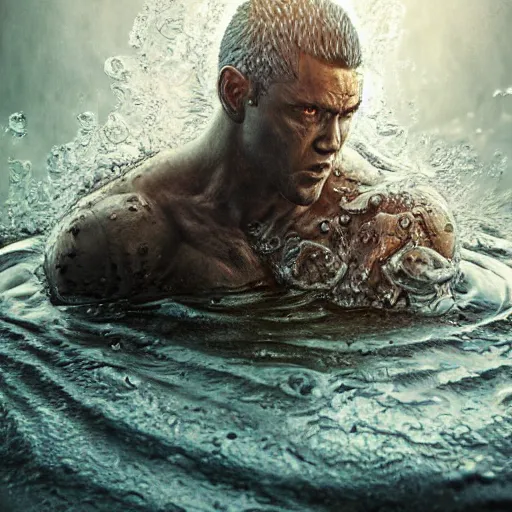 Image similar to photoshop photo edited painting photorealistic shockingly amazing portrait of guts from berserk submerged in water ,extremely detailed, made by wlop and maxwell boas