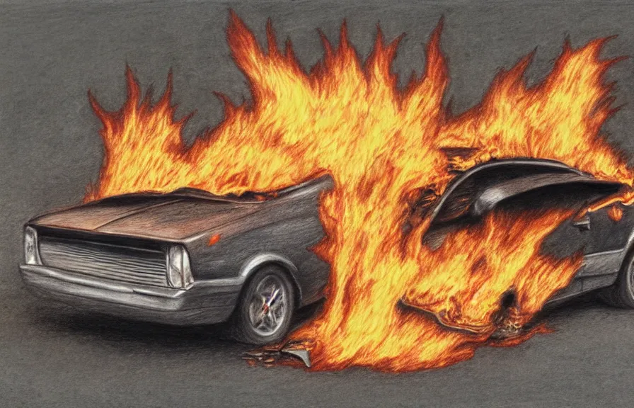 Image similar to car on fire, primitive colored pencil drawing