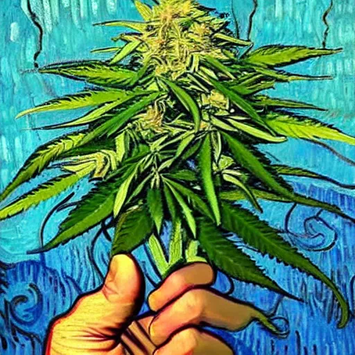 Image similar to jimm kerry spreads his hands against the background of growing cannabis. an oil painting in the style of van gogh