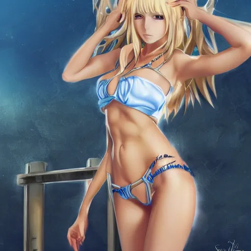 Image similar to full body shot : a very beautiful young blond anime girl imprisoned by golden chains, sky blue eyes,, tattoo, bikini, miniskirt, highly detailed, cinematic wallpaper by stanley artgerm lau