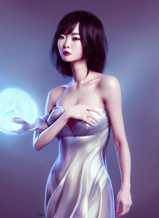 Image similar to beautiful fashion chinese movie star, strapless dress, character portrait in the style of thomas river and artgerm, wlop, cinematic lighting, hyperdetailed, 8 k realistic, symmetrical, global illumination, radiant light, halo, love and mercy, frostbite 3 engine, cryengine, dof, trending on artstation, digital art, chanel