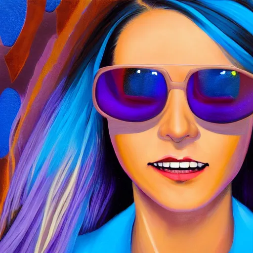 Image similar to closeup painting of a very beautiful young mexican cyberpunk woman with a smile, light blue retro slotted shades, and a purple coloured leather jacket, one side haircut, long brown hair with light blue ends, portrait, sci - fi, hyperdetailed, artstation, cgsociety, synthwave by tangerine dream, by jean - michel jarre, by vangelis, by john carpenter