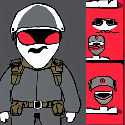 Image similar to A man in tactical gear and a red mask with a grin drawn onto it, cartoon
