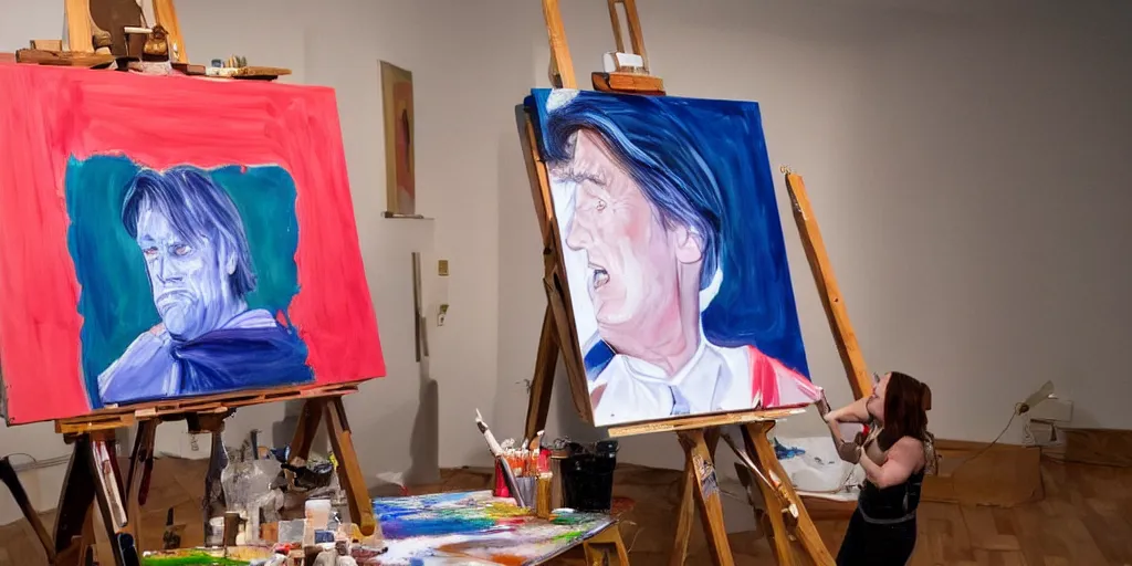 Prompt: actor jim carrey, stands at a his easel, painting donald trump, soft focus, long exposure