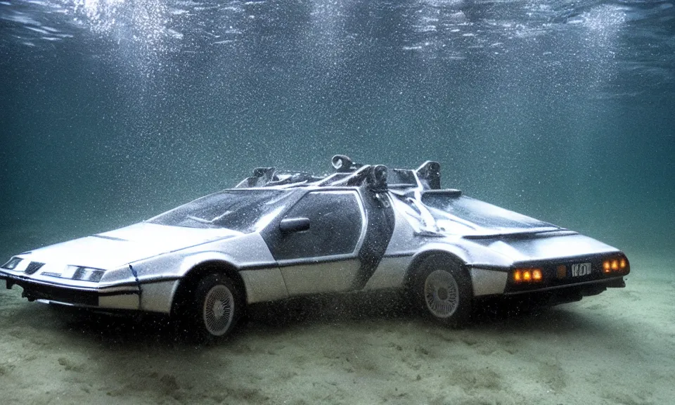 Image similar to photo of a delorean go lightspeed underwater