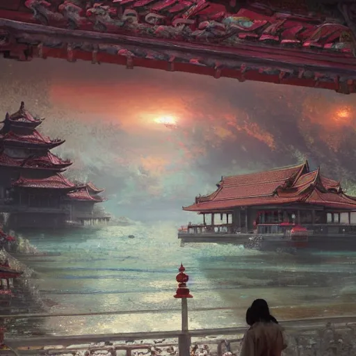 Prompt: asian temple under the sea, digital art, realistic, ultradetailed, concept art, art by greg rutkowski and thomas kinkade, trending on artstation, devianart, cgsociety