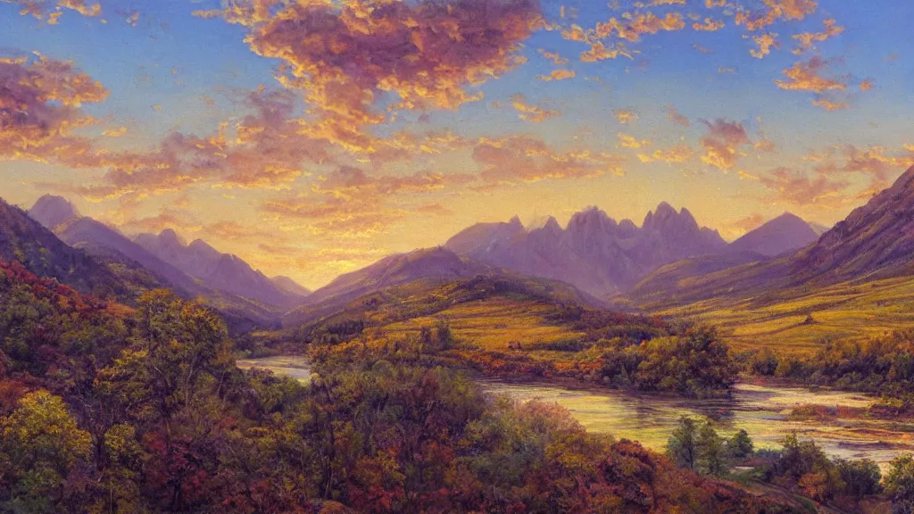 Image similar to The most beautiful panoramic landscape, oil painting, where the mountains are towering over the valley below their peaks shrouded in mist. The sun is just peeking over the horizon producing an awesome flare and the sky is ablaze with warm colors and stratus clouds. The river is winding its way through the valley to an italian village and the trees are starting to turn yellow and red, by Greg Rutkowski, aerial view