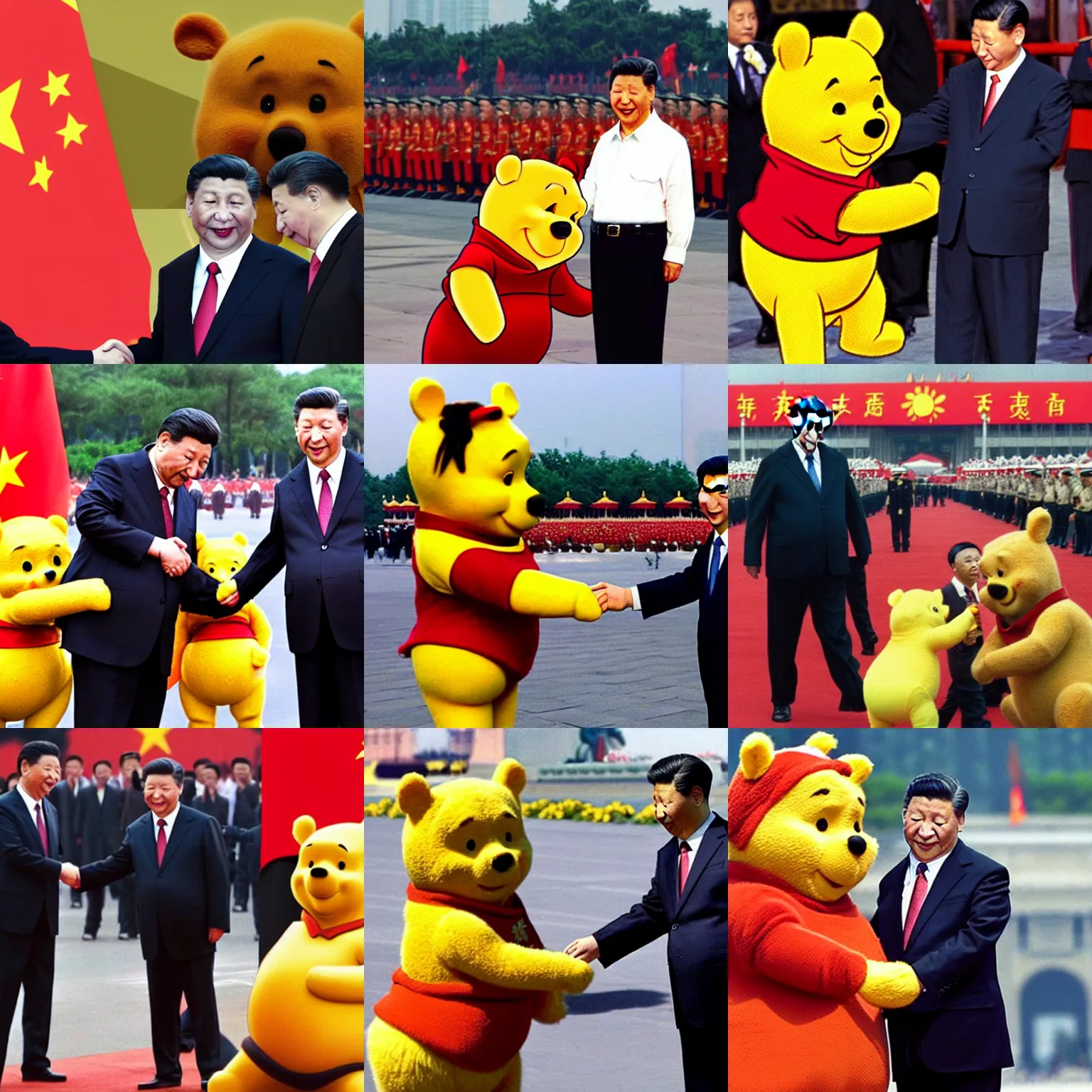 Prompt: Xi Jinping! shaking hands with Winnie the Pooh! on Tiananmen Square!