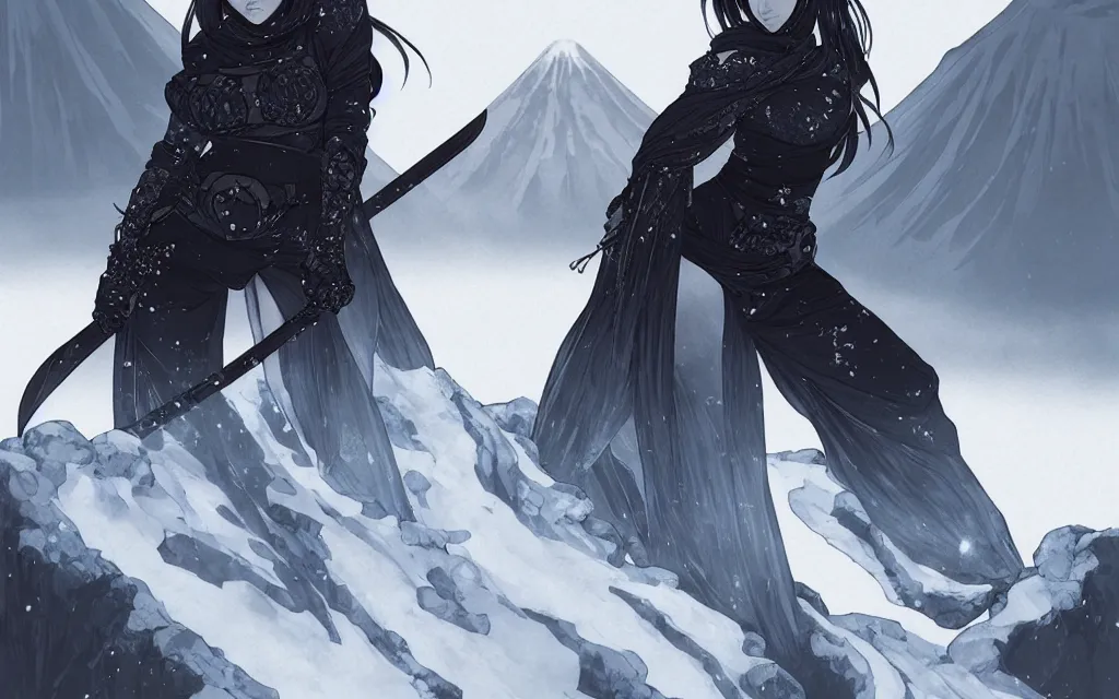 Image similar to portrait ninja gaiden girl, black plus white ninja wardrobe, at snowy fuji mountain sunrise, ssci - fi and fantasy, intricate and very very beautiful, detailed, digital painting, artstation, concept art, smooth and sharp focus, illustration, art by tian zi and wlop and alphonse mucha