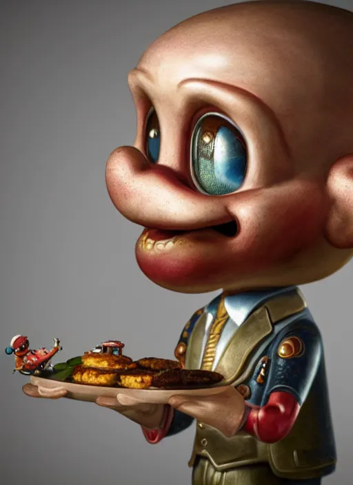 Prompt: highly detailed closeup, face profile portrait of a tin toy albert fish eating cakes, unreal engine, nicoletta ceccoli, mark ryden, earl norem, lostfish, global illumination, detailed and intricate environment