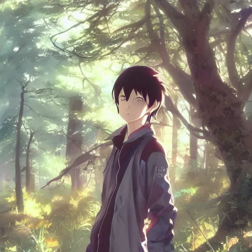 Image similar to anime character in the woods, hyperrealistic, trending on pixiv fanbox, painted by greg rutkowski makoto shinkai takashi takeuchi studio ghibli, akihiko yoshida