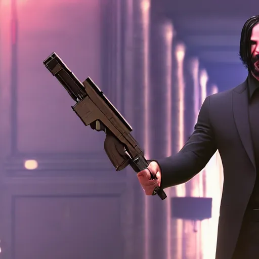 Prompt: john wick, night club, holding an assault rifle, cinematic, 8k