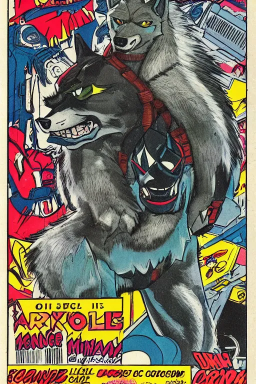 Prompt: 1 9 8 0 s comic book title cover scan, highly detailed professional comic art, featuring a portrait of anthropomorphic dark grey wolf o'donnell from starfox fursona furry wolf, in a dark leather space mercenary outfit, 8 0 s sci - fi comic art, marvel 8 0 s style