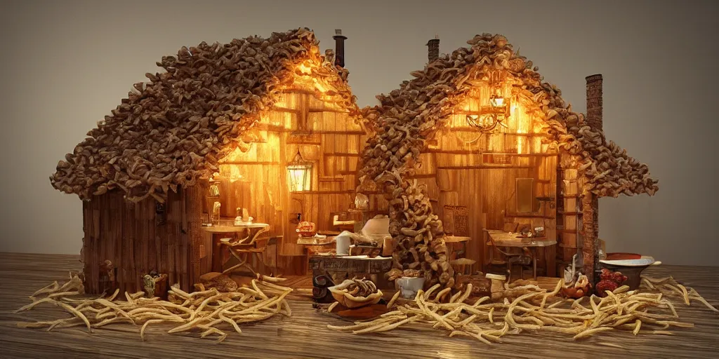 Image similar to house made of french fries, artstation trending, winner, 1 st place, octane render, 8 k, dramatic lighting, tasty, food photography, food decoration, highend, illustration!!!!, fine details,