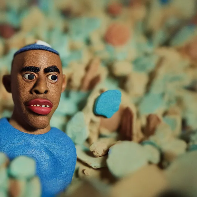 Image similar to a cinematic film still of a claymation stop motion film starring tyler the creator, shallow depth of field, 8 0 mm, f 1. 8