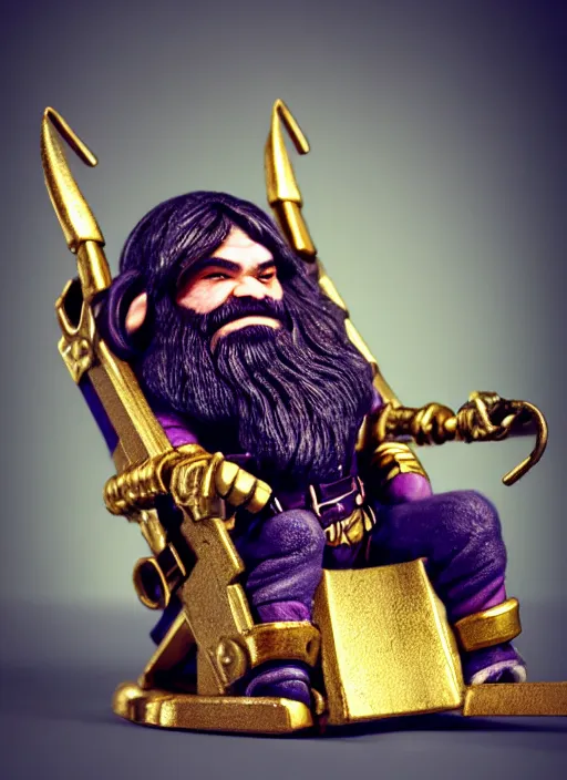 Image similar to dwarf fighter sitting in mechanical chair that has spider legs, gold and purple, exquisite details, black beard, white background, by studio muti