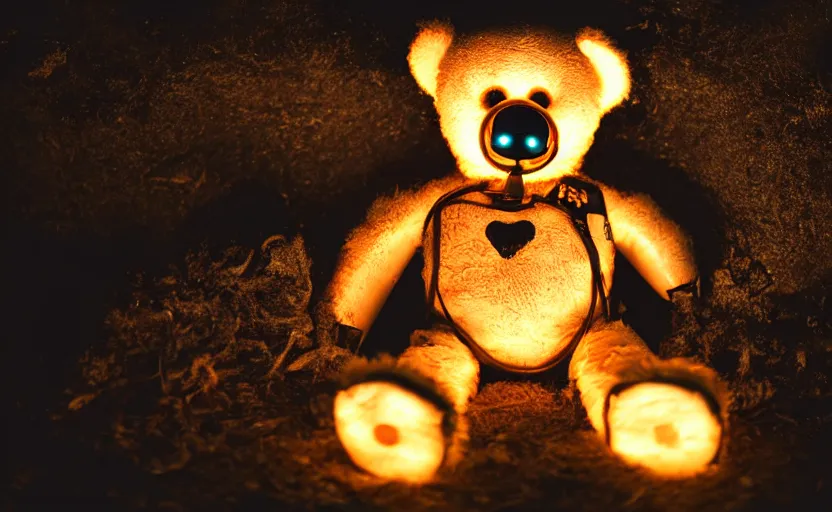 Image similar to laying teddy bear, dirty fur, robotic, sad eyes, hole in fabric, wires coming out, circuit, electricity, mud, outdoor, dirt, neon lights, glow sticks, realistic photography