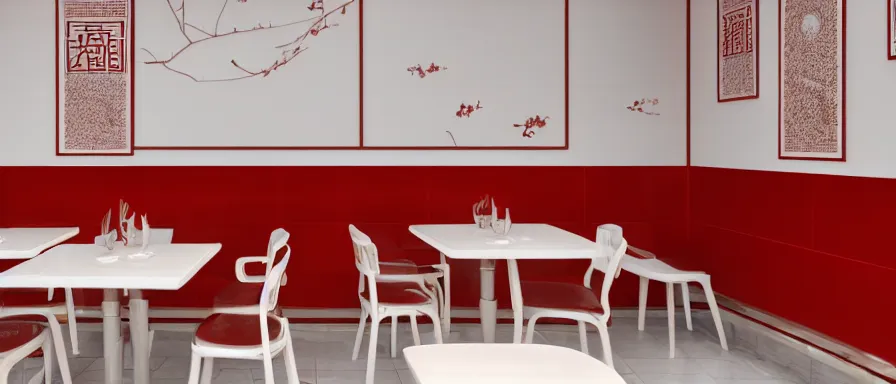 Image similar to a beautiful simple interior render of small roasted string hotpot restaurant restaurant yan'an, wall corner, from china, red paper wall and white tile floor, rectangle white porcelain table, fine simple delicate structure, chinese style, simple composition, simple style structure decoration design, victo ngai, 4 k hd