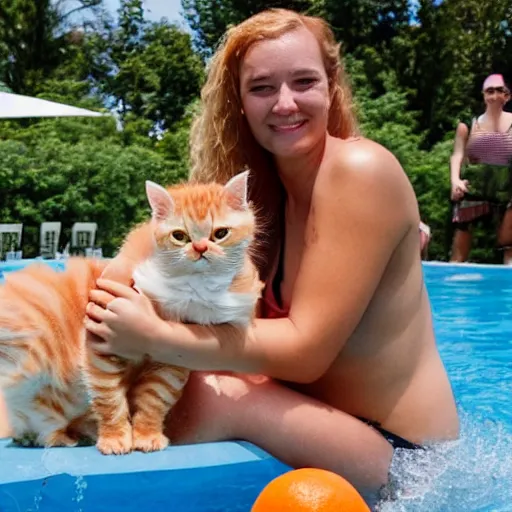 Image similar to a girl with curly blonde hair at a pool party with an orange tabby kitten looking on