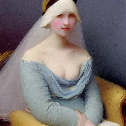 Prompt: a young woman’s face, her hair is white, she wears a long flowing blue satin veil, by ivan aivazovsky and pieter claesz and paul delaroche and alma tadema and august malmstrom and and willen claesz heda and aelbert cuyp and gerard ter borch and isaac levitan and rembrandt, fine detail, hyperrealistic, rendered in octane