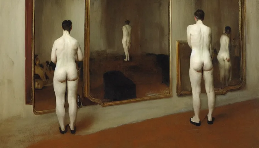 Image similar to painting by borremans, man back standing in front on the mirror and his back in the mirror, detailed, stunning