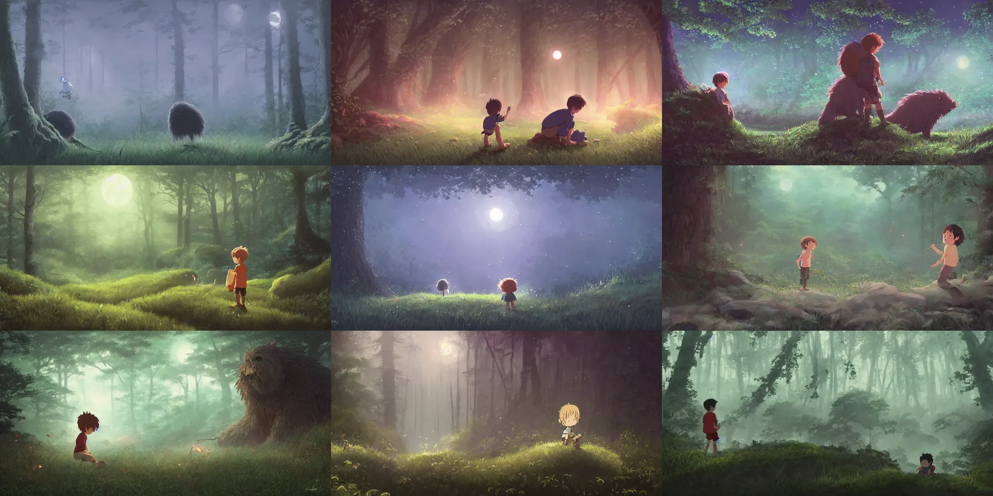 Prompt: a painting of a small boy that discovers a giant hairy monster!!!!!!!! in a misty moonlit forest, surrounded by fireflies, by studio ghibli, cgsociety, cinematic lighting