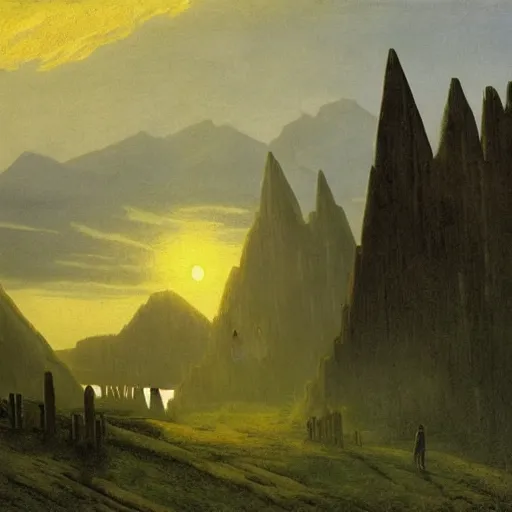 Prompt: village in the sky, sharp pointy mountains piercing through the clouds, wooden platforms, tents, colors, misty clouds, sun at dawn, brutalism, painting by caspar david friedrich