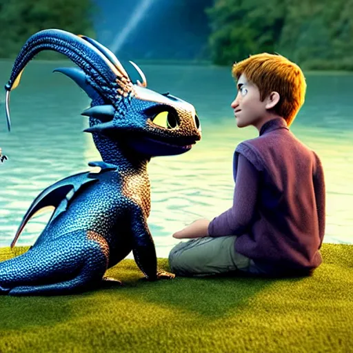 Image similar to a silver dragon and a boy sitting together next to a lake watching firefly, night, forest, how to train your dragon 3