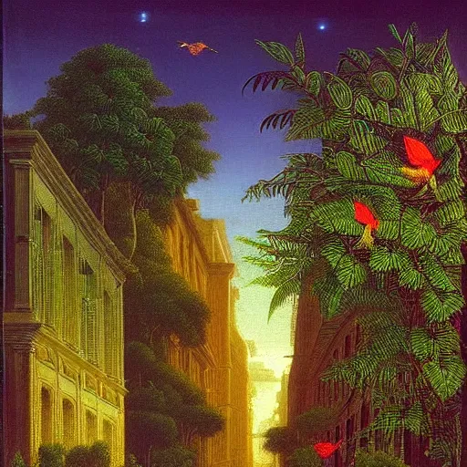 Prompt: many jewel colored hummingbirds with milky eyes hovering around plants in a renaissance architecture city street at night with rainforest greenery, martin johnson heade, painting, hudson river style