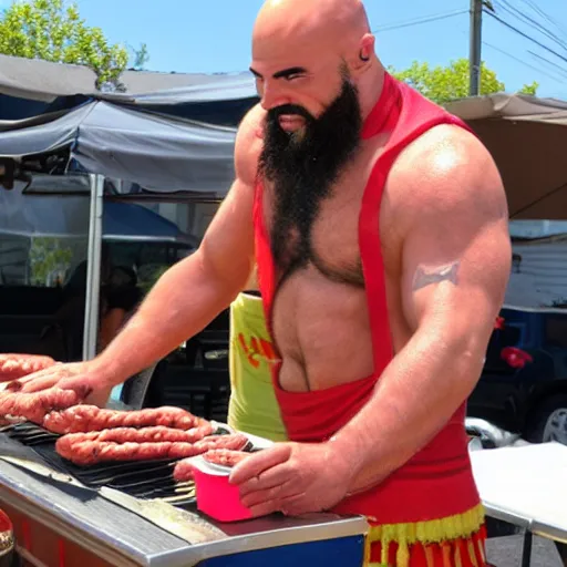 Image similar to Kratos running a hotdog stand in the summer