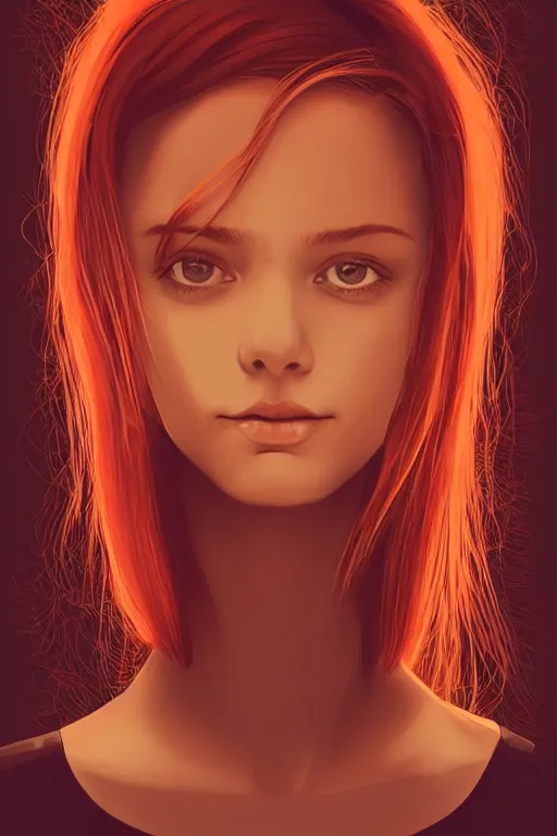 Image similar to upper body portrait. back of a girls head and shoulders. medium length hair. bright red hair! black jumper. lit from the right side, white light. centered median photoshop filter cutout vector behance hd artgerm jesper ejsing!