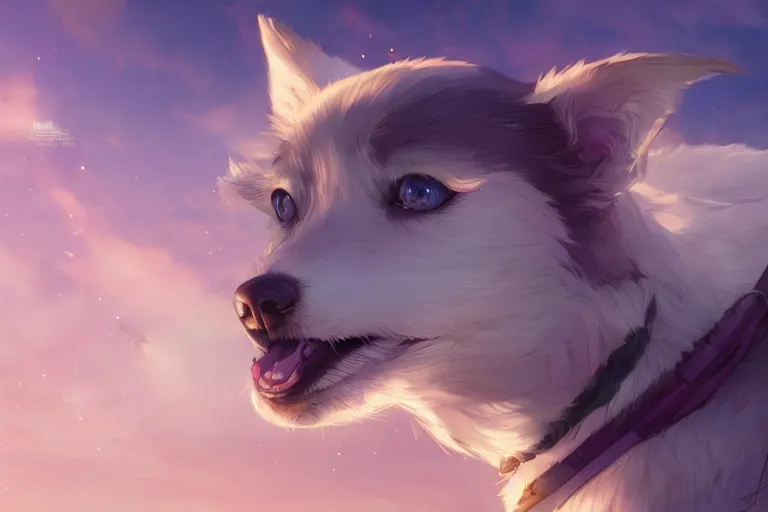 Image similar to blue eyed celestial dog, single subject, scenic full shot, ambient lighting, detailed face, by makoto shinkai, stanley artgerm lau, wlop, rossdraws