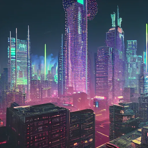 Image similar to Neon cyberpunk cityscape of Toronto Canada including CN tower with flying cars and advertisement screens, Blender 3D, Unreal Engine, 8k, by Jordan Grimmer and Andrea Pozzo